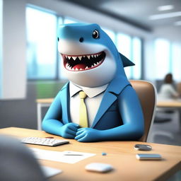 A friendly, emotional support shark in a modern office setting