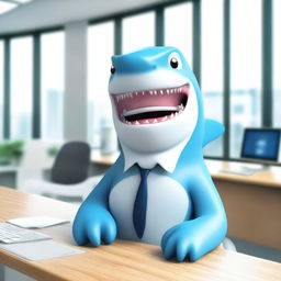 A friendly, emotional support shark in a modern office setting