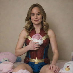 Brie Larson as Captain Marvel in an amusing and playful scene, pictured with baby diapers and a cute pink pacifier.