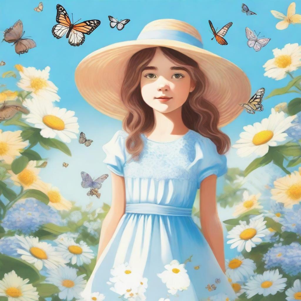 A detailed illustration of a young girl standing in a beautiful garden, wearing a light dress and a sun hat