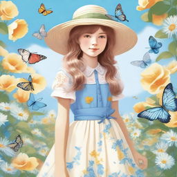 A detailed illustration of a young girl standing in a beautiful garden, wearing a light dress and a sun hat