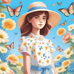 A detailed illustration of a young girl standing in a beautiful garden, wearing a light dress and a sun hat