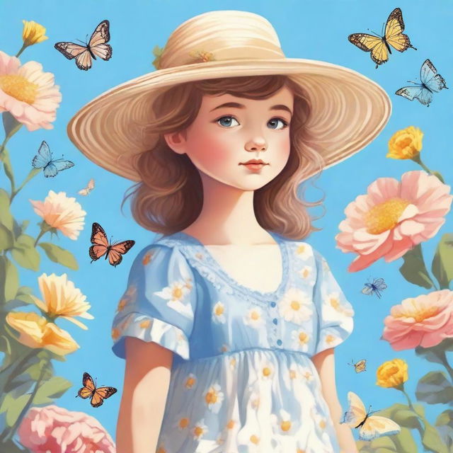 A detailed illustration of a young girl standing in a beautiful garden, wearing a light dress and a sun hat