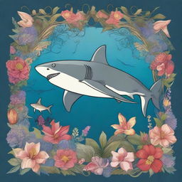 A shark depicted in the style of Pre-Raphaelite art, with intricate details and vibrant colors