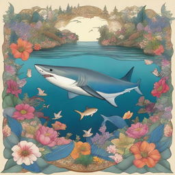 A shark depicted in the style of Pre-Raphaelite art, with intricate details and vibrant colors