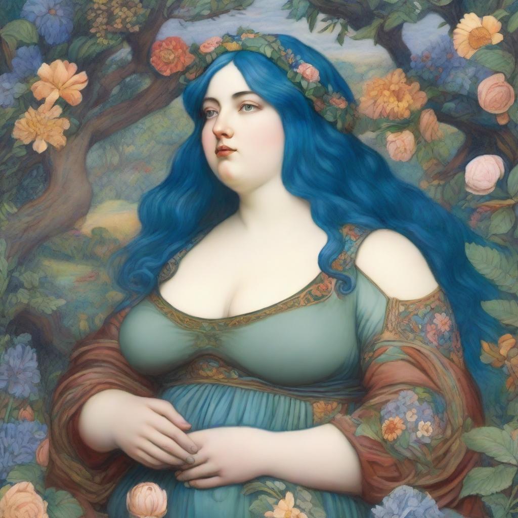 A chubby woman with blue hair depicted in the style of Pre-Raphaelite art