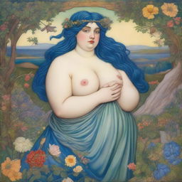 A chubby woman with blue hair depicted in the style of Pre-Raphaelite art