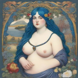 A chubby woman with blue hair depicted in the style of Pre-Raphaelite art