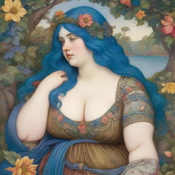 A chubby woman with blue hair depicted in the style of Pre-Raphaelite art