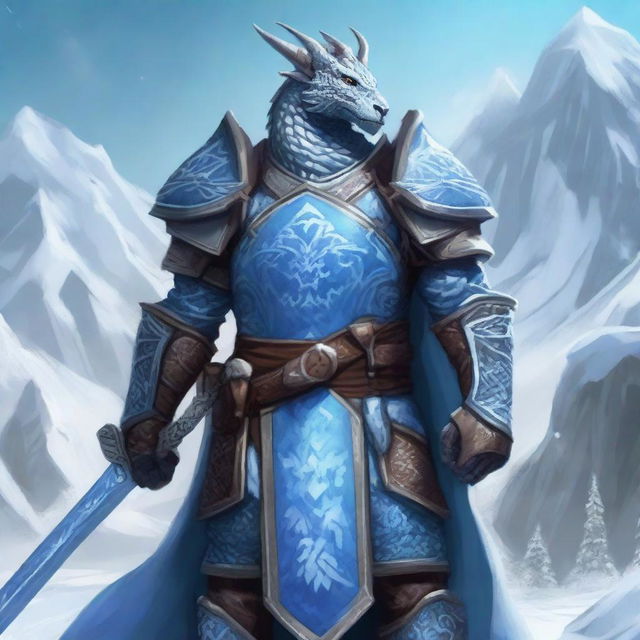 A noble Dragonborn Paladin inspired by Velkhana, adorned in intricate, icy blue armor with frost patterns