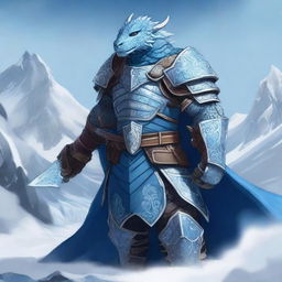 A noble Dragonborn Paladin inspired by Velkhana, adorned in intricate, icy blue armor with frost patterns