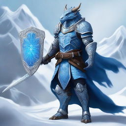 A noble Dragonborn Paladin inspired by Velkhana, adorned in intricate, icy blue armor with frost patterns