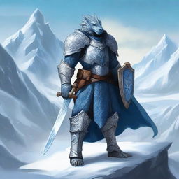 A noble Dragonborn Paladin inspired by Velkhana, adorned in intricate, icy blue armor with frost patterns