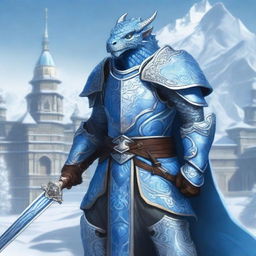 A noble Dragonborn Paladin inspired by Velkhana, adorned in intricate, icy blue armor with frost patterns