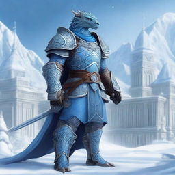 A noble Dragonborn Paladin inspired by Velkhana, adorned in intricate, icy blue armor with frost patterns