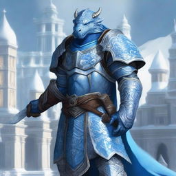 A noble Dragonborn Paladin inspired by Velkhana, adorned in intricate, icy blue armor with frost patterns