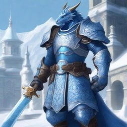 A noble Dragonborn Paladin inspired by Velkhana, adorned in intricate, icy blue armor with frost patterns