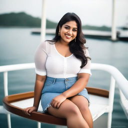 A curvy, plump, and beautiful young Indian lady wearing a white transparent shirt and a mini skirt, sitting on the deck of a ship and smiling