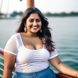 A curvy, plump, and beautiful young Indian lady wearing a white transparent shirt and a mini skirt, sitting on the deck of a ship and smiling