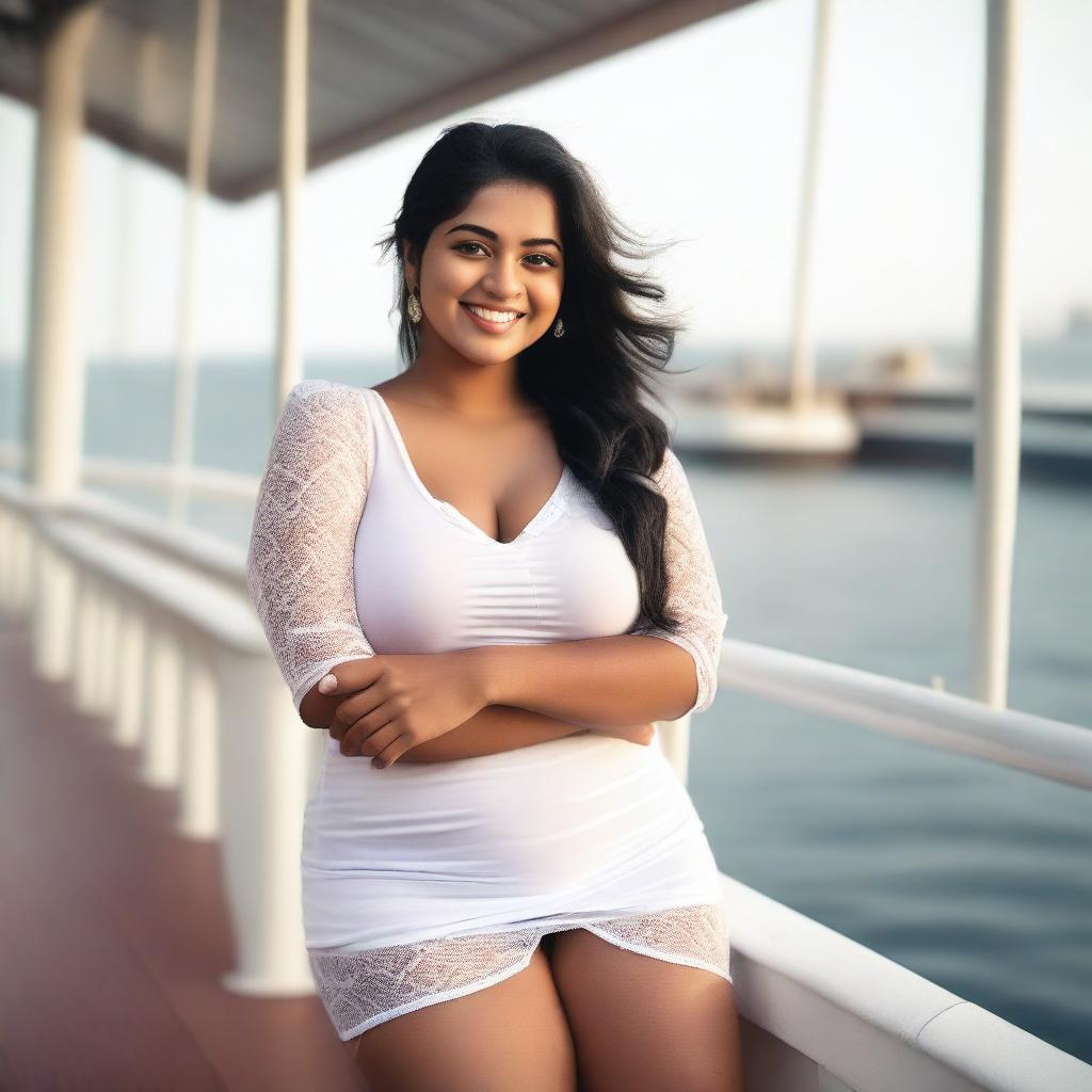 A curvy, plump, and beautiful young Indian lady wearing a white transparent shirt and a mini skirt, sitting on the deck of a ship and smiling