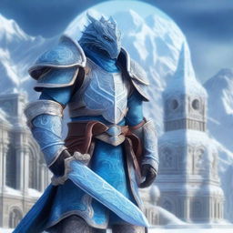 A noble Dragonborn Paladin inspired by Velkhana, adorned in intricate, icy blue armor with frost patterns