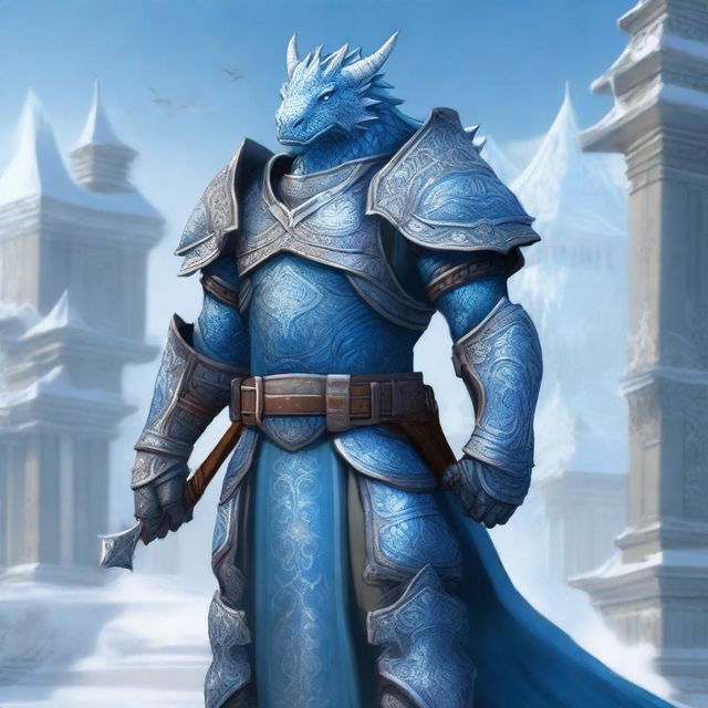 A noble Dragonborn Paladin inspired by Velkhana, adorned in intricate, icy blue armor with frost patterns