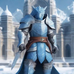 A noble Dragonborn Paladin inspired by Velkhana, adorned in intricate, icy blue armor with frost patterns