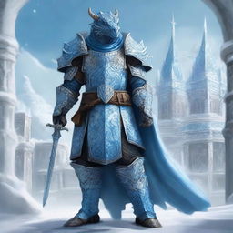 A noble Dragonborn Paladin inspired by Velkhana, adorned in intricate, icy blue armor with frost patterns