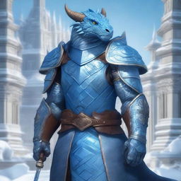 A noble Dragonborn Paladin inspired by Velkhana, adorned in intricate, icy blue armor with frost patterns