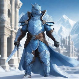 A noble Dragonborn Paladin inspired by Velkhana, adorned in intricate, icy blue armor with frost patterns