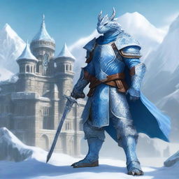 A noble Dragonborn Paladin inspired by Velkhana, adorned in intricate, icy blue armor with frost patterns