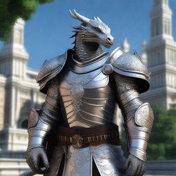 A noble Dragonborn Paladin adorned in intricate, silver armor with elegant engravings