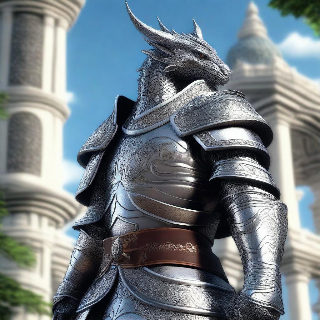 A noble Dragonborn Paladin adorned in intricate, silver armor with elegant engravings