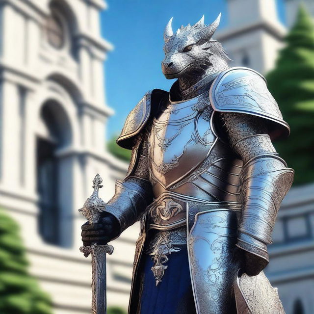 A noble Dragonborn Paladin adorned in intricate, silver armor with elegant engravings