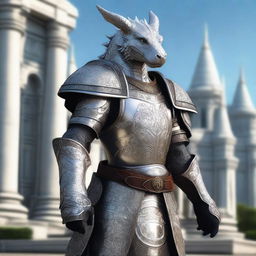 A noble Dragonborn Paladin adorned in intricate, silver armor with elegant engravings