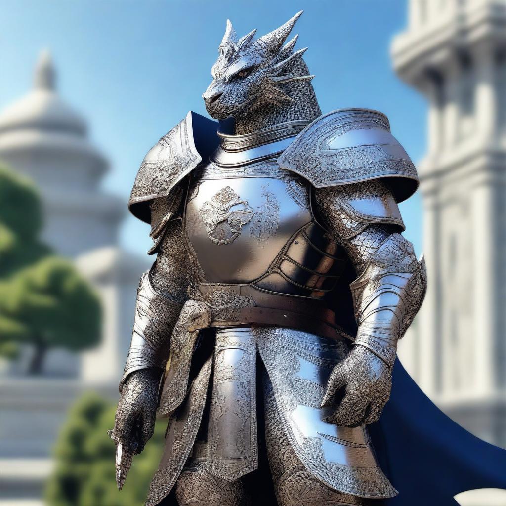 A noble Silver-Dragonborn Paladin adorned in intricate, silver armor with elegant engravings