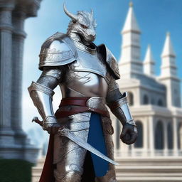 A noble Silver-Dragonborn Paladin adorned in intricate, silver armor with elegant engravings