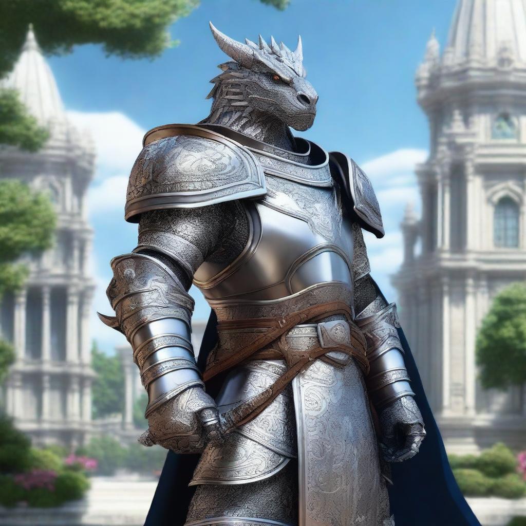 A noble Silver-Dragonborn Paladin adorned in intricate, silver armor with elegant engravings