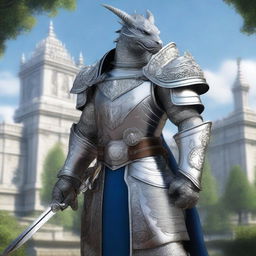 A noble Silver-Dragonborn Paladin adorned in intricate, silver armor with elegant engravings