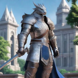 A noble Silver-Dragonborn Paladin adorned in intricate, silver armor with elegant engravings