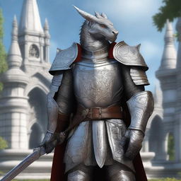 A noble Silver-Dragonborn Paladin adorned in intricate, silver armor with elegant engravings