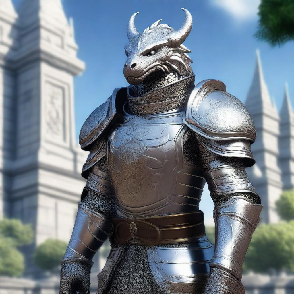 A noble Silver-Dragonborn Paladin adorned in intricate, silver armor with elegant engravings