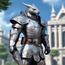 A noble Silver Dragonborn Paladin adorned in intricate, silver armor with elegant engravings