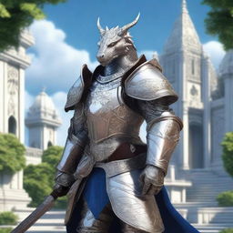 A noble Silver Dragonborn Paladin adorned in intricate, silver armor with elegant engravings