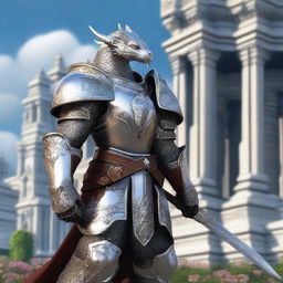 A noble Silver Dragonborn Paladin adorned in intricate, silver armor with elegant engravings