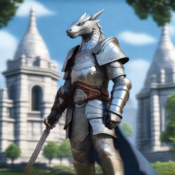 A noble Dragonborn Paladin adorned in intricate, silver armor with elegant engravings and a simple dragon head sacred stamp