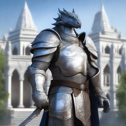 A noble Silver Dragonborn Paladin adorned in intricate, silver armor with elegant engravings and a simplified dragon head sacred stamp