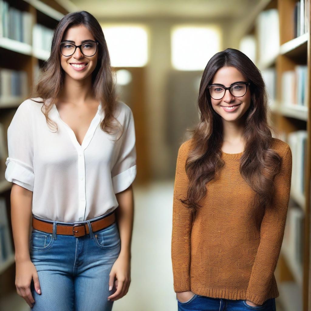 Lara, a world-class Portuguese female, 25 years old, with brunette hair, wearing glasses, and a perfect body, stands in an empty library