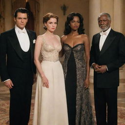 Abel and a stunningly beautiful woman from his era stand together, while Cain is seen with another woman, who is less desirable in comparison. They are all outfitted in the period's dress.