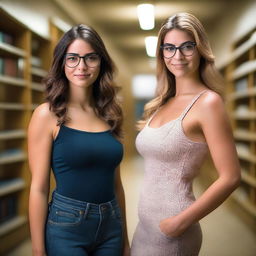 Lara, a world-class Portuguese female, 25 years old, with brunette hair, wearing glasses, and a perfect body, stands in an empty library